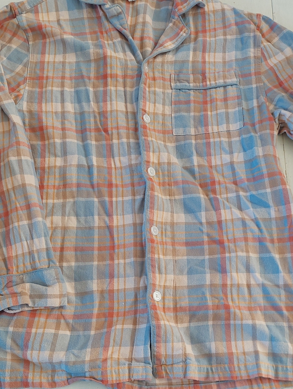 The Company Store Womens Plaid Button Down Flannel Sleep Top Blue & Orange Small